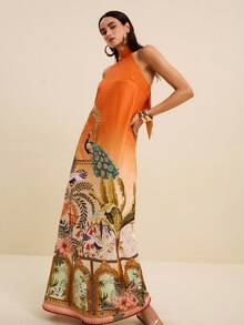 LOTSLUV Women's Orange Summer Boho Tropical Casual Elegant Dress, Ombre Print With Halter Neck Tie,Peacock,Floral Architecture Prints Vacation - Multicolor - View 7