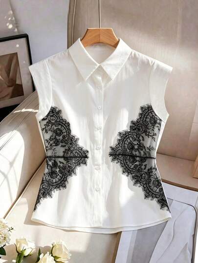 SHEIN Franclia Women's Elegant Commuter Textured Fabric Contrast Color Black Lace White Shirt