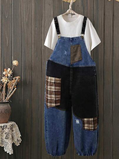 EMERY ROSE Mature Denim Pantalones peto vaqueros holgados con parches y estampado a cuadros vintage para mujer