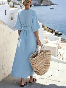 SHEIN Holidaya Vestido casual de largo medio con cuello en V y cintura con lazo de unicolor para mujer - Azul - Ver 2