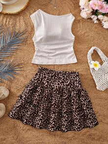 SHEIN Sparklyn Teen Girl Solid Color Asymmetric Neck Ruffle T-Shirt And Leopard Print Mini Skirt Set - Multicolor - View 3