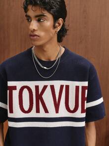 TOKVUE Men's Letter Print Short Sleeve Casual Knit Top - Navy Blue - View 6