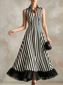 SHEIN Holidaya Đầm voan đen phối sọc kiểu Pháp cổ điển, cổ chữ V sâu, khóa kéo eo, đầm trà thanh lịch cho kỳ nghỉ hè. - Đen và trắng - Xem 5