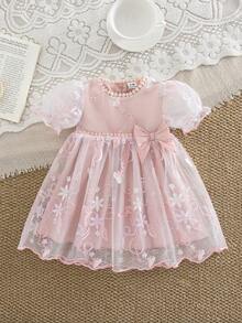 SHEIN 女婴可爱刺绣网纱花瓣袖圆领公主裙，夏季 - 粉色 - 查看 8