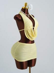 Sirith Setelan Liburan Wanita 2 Potong Atasan Halter Leher Berpotongan Rendah dan Rok Mini Bodycon - Kuning - View 4
