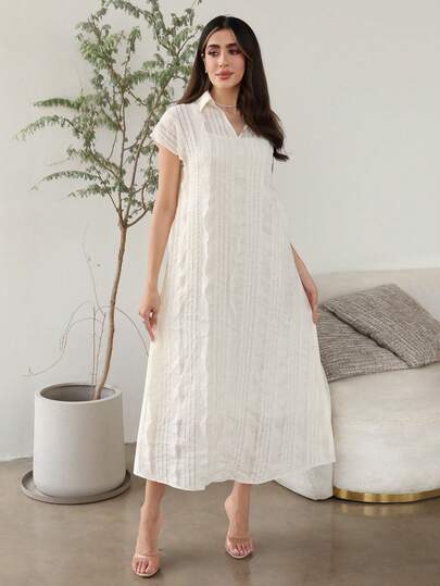 Al Najma Women's Solid Color Patchwork Frill Trim Arabic Traditional Long Dress