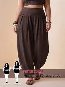 SHEIN PETITE CURVE Plus Size Women's Petite Brown Harem Pants, High-Waisted Elegant Casual Pants With Pockets, Boho Autumn Holiday Summer Formal Vacation - Brown - View 3