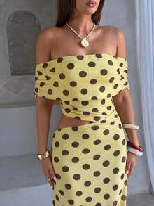 Firerie Vestido largo súper elegante y sexy con estampado de lunares marrones sobre base amarilla, con hombros descubiertos, fruncido y calado. Adecuado para vacaciones, invitada de boda, vestido de cumpleaños, salida, ceremonia de graduación, regreso a casa, vacaciones, fiestas y otras ocasiones. - Multicolor - Ver 8