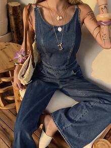 DAZY Women's Round Neck Sleeveless Jumpsuit, Casual Streetwear Washed Denim Jumpsuit Vacation Navy Blue Summer - Blue - View 7