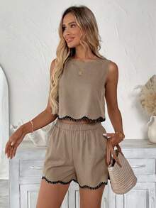 Easowa Conjunto informal de 2 piezas de mujer con top sin mangas con volantes y bordado floral en unicolor y shorts, adecuado para vacaciones de verano y uso diario - Marrón Mocha - Ver 4