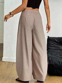 SHEIN Tall Pantalones para mujer primavera/verano vintage casual hippie estilo calle y oficina, ropa casual occidental chic a rayas, cómodos, holgados, con bajo curvo y plisados, para mujeres altas - Albaricoque - Ver 5