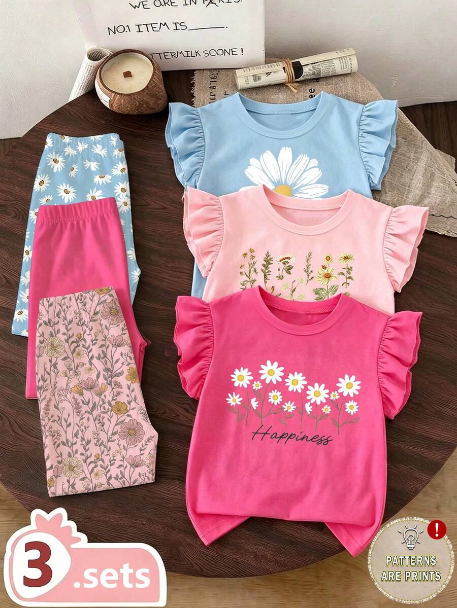 6pcs/Set Girls Casual Floral,Daisy,Leaf,Letter Print Cap Sleeve T-Shirt And Bike Shorts Outfit,Light Pink,Summer Comfortable Sporty Styles For Beach - Multicolor - View 1