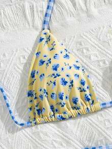 Swim Mod Bộ bikini 3 mảnh dễ thương dành cho nữ, thích hợp cho lễ hội âm nhạc bãi biển mùa xuân/hè, họa tiết hoa kẻ caro, buộc dây sau lưng. - Nhiều màu - Xem 3