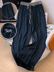 SHEIN Clasi 大码女式弹性腰部百搭休闲直筒裤，新品 - 藍色 - 查看 1