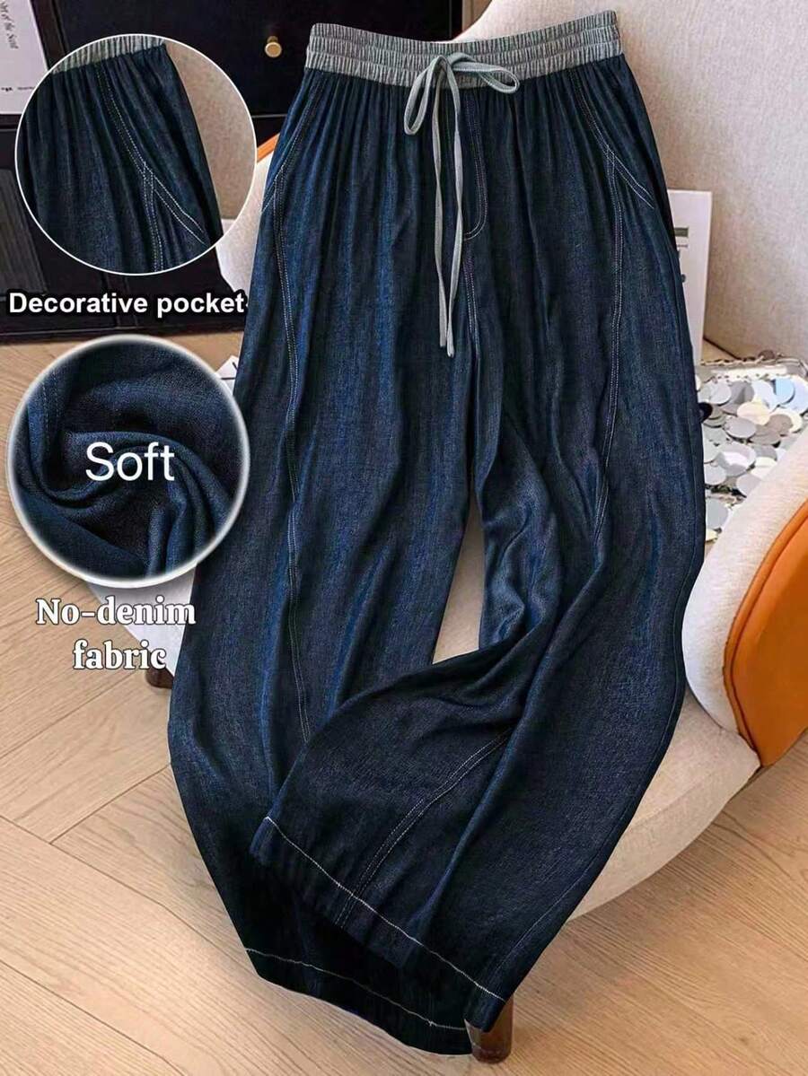 SHEIN Clasi 大码女式弹性腰部百搭休闲直筒裤，新品 - 藍色 - 查看 1