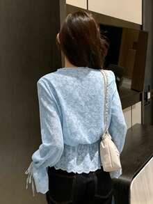 DAZY Women's Solid Color Lace Splice Drawstring Hem Ruffle Tie Elegant Vacation Blouse, Spring/Autumn - Blue - View 2