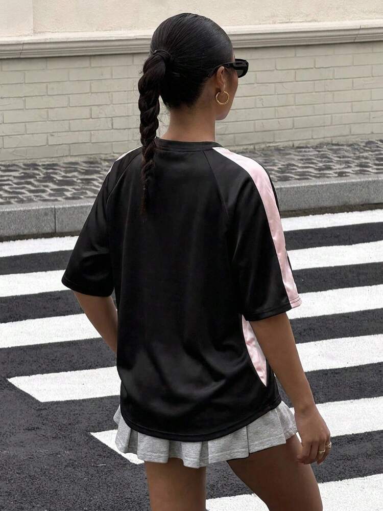 Color Block Letter Print Loose Fit Round Neck Short Sleeve Casual Sports Summer Top T-Shirt For Women