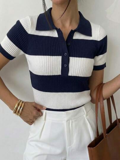 Blusa polo tejida para mujer, manga corta, tejido acanalado, diseño rayas gruesas, cuello polo aletilla con botones frontales, ajuste cómodo, prenda versátil casual, estilo elegante ideal para primavera y verano, estilo old money, ideal para dias casuales o para atuendos de oficina