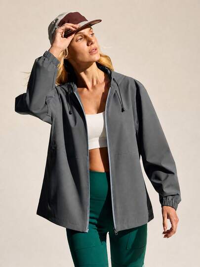 SHEIN In My Nature 女士极简纯色双拉链抽绳连帽户外雨衣
