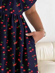 EMERY ROSE Elegant Minimalist Cherry Print Plus Size Women's Short Sleeve Casual Dress, Suitable For Spring And Summer, Navy Blue Dress - Multicolor - View 5