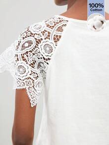 Maija Women's Summer Casual Elegant Solid Color Lace Splice Raglan Sleeve T-Shirt,White Top, Tea Party Wear,Going Out Outfits - White - View 7