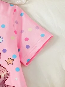 Set de 2 piezas de pijama vestido con cuello redondo, manga corta, volantes y estampado de sirena para niñas jóvenes, lindo y dulce - Multicolor - Ver 4