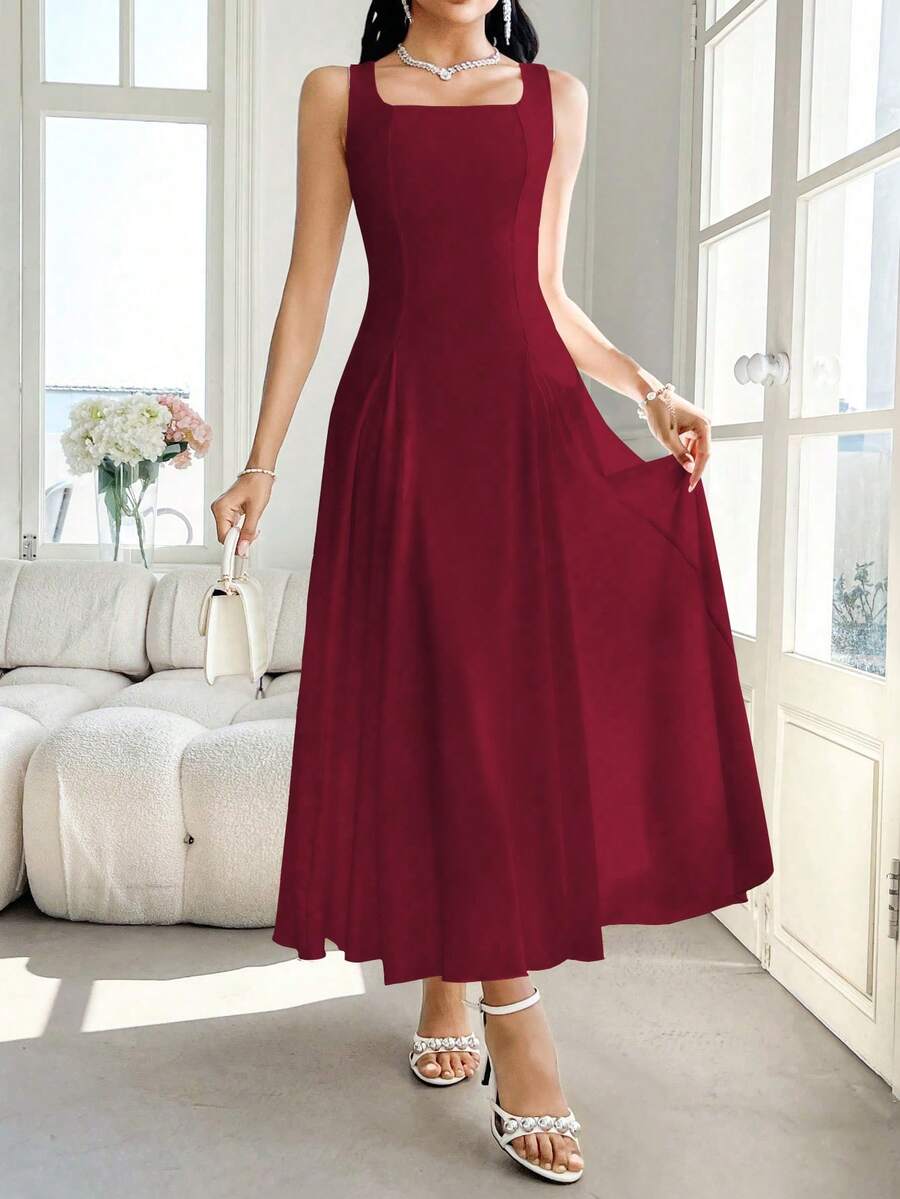 Modelyn Vestido largo de fiesta elegante de unicolor que realza la cintura de la mujer - Burdeos - Ver 1