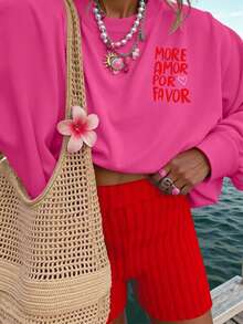 DrmWander Damen Buchstaben-Muster Lässig Rundhals Langarm Sweatshirt - Heißes Pink - Übersicht 2