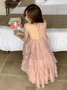 Joudiya Đầm sơ mi hồng cúp ngực mùa xuân hè, kiểu dáng giản dị, ngọt ngào, thích hợp cho lễ hội âm nhạc, ngày Valentine, tiệc cưới, tiệc cocktail, đầm mini chiffon xếp ly cho nữ. - Hồng - Xem 9