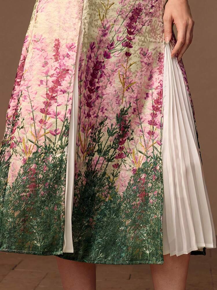 PLUS SIZE ELEGANT MULTI-COLOR FLORAL JACQUARD PLEATED A-LINE SKIRT FOR WOMEN