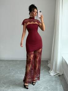 SHEIN Elenzya Women's Contrast Lace Hollow Out Design Fitted Elegant Dress - Burgundy - View 7