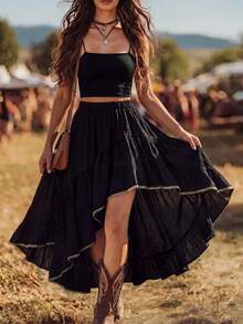 SHEIN LUNE Women's Pastal Autumn Boho Laced Vacation Skirt, Asymmetric Ruffle Hem Lace Trim A-Line Waist Cinching Linen-Like Elegant Graduation Golf - Black - View 7