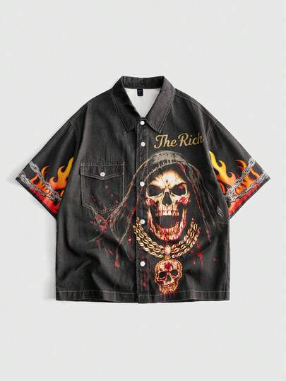 ROMWE MEN Street Life Men's Turndown Collar Letter & Skull Graphic Single-Breasted Casual Versatile Denim Jacket For Daily Wear