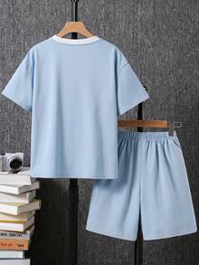 2pcs Tween Boy Light Blue Striped,Summer,Casual,Vacation Crew Neck Short Sleeve T-Shirt And Shorts Set,Contrast Color Khaki Outfit For School,Sports - Baby Blue - View 5