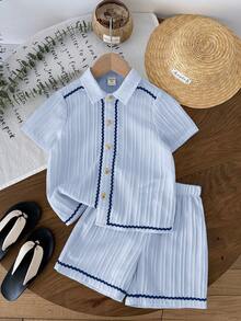 LMoss Kids 男童梭织休闲衬衫短裤两件套 - 淺藍色 - 查看 4