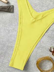 Costavie Solid Color Thick Strap Hollow Front Fashionable Unique Ornament Sexy Vacation One-Piece Swimsuit - Yellow - View 7