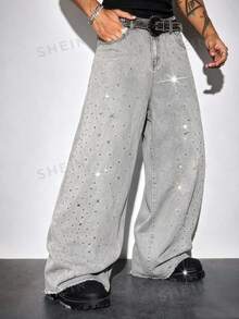 ROMWE MEN Street Life Men's Casual Street Rhinestone Washed Slant Pocket Wide-Leg Jeans - Grey - View 7
