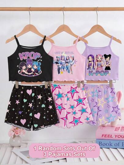 [Conjunto de 3 piezas] Camiseta de tirantes con estampado gráfico de elemento de grupo de chicas K-Pop y shorts con estampado total y volantes en el bajo, de tela de punto suave y cómoda, pijama/ropa de estar en casa versátil para usar en casa y al aire libre para niñas