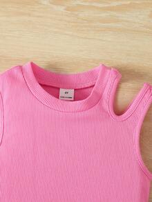 SHEIN 2pcs/Set Young Girl Casual Comfortable Solid Color Tank Top And Ditsy Floral Mini Skirt, Pink - Pink - View 3