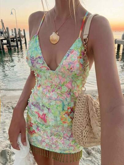 Lumalex Summer Spring Sequin & Embroidery Floral Beaded Tassel Hem Waist Cinched Women Mini Dress Beach-Appropriate Festival Outfits Party Wedding Graduation Ceremony Vacation Formal This Garment Effortlessly Transitions From Beach Strolls To Weekend Gatherings And Celebratory Dinners, Embodying The Charm Of Quiet Luxury And Striking Party Flair Whether At Birthday Bashes Or Fashionable Soirées Graduation Elegant Luxury Vacation