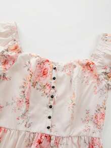 SHEIN Franclia 2026新款粉色碎花连衣裙，短袖方领伞裙，收腰设计，百搭沙滩度假休闲通勤女装 - 彩色 - 查看 8