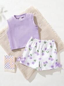 SHEIN Playful Pals 女婴夏季紫色套装，无袖纹理上衣搭配紫色郁金香印花短裤，饰有3D蝴蝶结，日常必备单品 - 紫色 - 查看 1