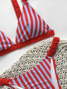 SHEIN Swim 女款夏季度假休閒海灘套裝，紅藍條紋印花比基尼兩件式泳衣套裝，附綁帶設計 - 彩色 - 查看 3