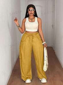 Maweii Pantalones anchos de mujer talla grande con bolsillo de carga y cordón en la cintura, de unicolor - Amarillo - Ver 5
