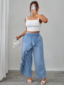 Elenzga Celana Jeans Denim Washed Kasual Wanita Ukuran Plus dengan Hem Bergelombang, Serbaguna untuk Pakaian Sehari-hari, Formal, Liburan, Biru Muda, Musim Panas - Light Wash - View 6