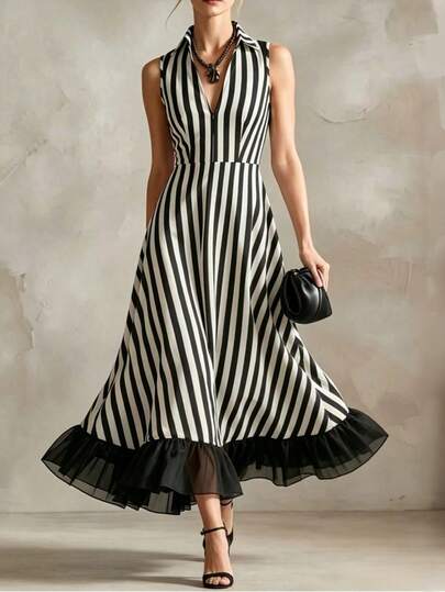 SHEIN Holidaya Elegant French Resort Women's Dress, Retro Flared Black And White Striped With Black Chiffon Skirt, Deep V-Neck Zippered Waist-Cinching Floor-Length Skirt, Women's Puff Sleeve Dress, Women's Summer Dress, Women's Gray And White Striped Dress For Summer Charm Resort Tea Dress