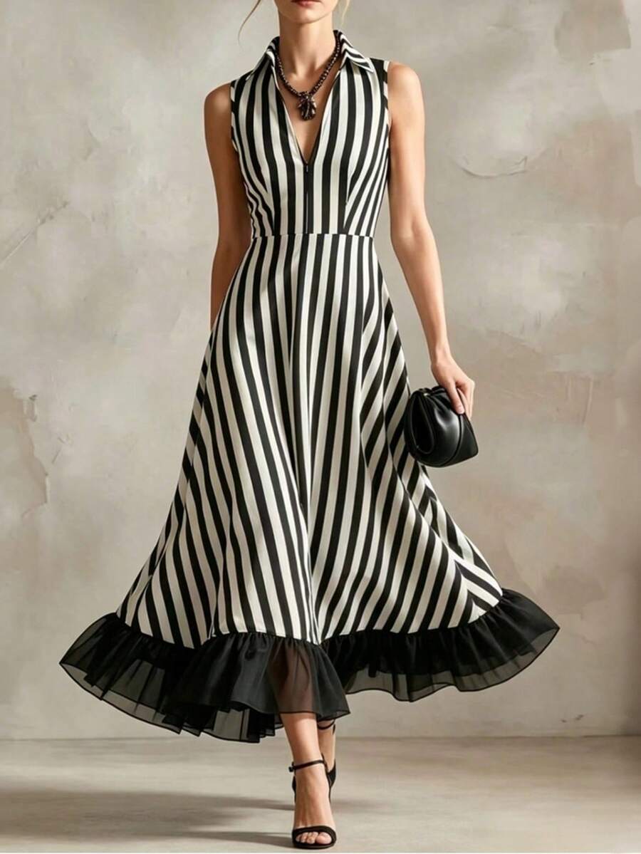 SHEIN Holidaya Đầm voan đen phối sọc kiểu Pháp cổ điển, cổ chữ V sâu, khóa kéo eo, đầm trà thanh lịch cho kỳ nghỉ hè. - Đen và trắng - Xem 1