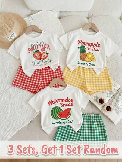 SHEIN Baby Girl Floral Print Round Neck Short Sleeve T-Shirt And Shorts Casual Daily Outfit, Suitable For Summer Strawberry Outfits For Girls Gingham Shorts Outfit Strawberry Shorts Set