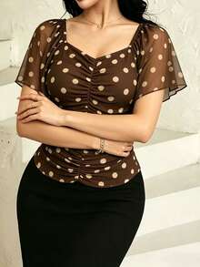 Modelyn Women's Brown Polka Dot Summer 70s Retro Classy Dates Chiffon Blouse,Square Neck Ruffle Flutter Sleeve Design Fashion Top For Daily Wear - Multicolor - View 3