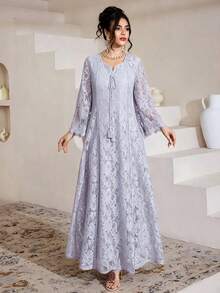 SHEIN Najma Đầm xòe tay lửng 3/4 cổ vuông phối ren tua rua dành cho nữ - Màu tím - Xem 3